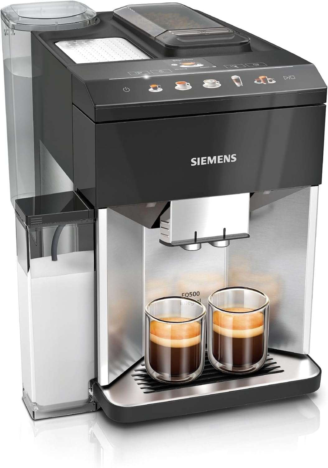 Macchina per caffè espresso completamente automatica Siemens EQ500 TQ513D01, molte specialità di caffè, montalatte, contenitore per il latte integrato, pulizia automatica a vapore, 1500 W, luce naturale argento/nero pianoforte