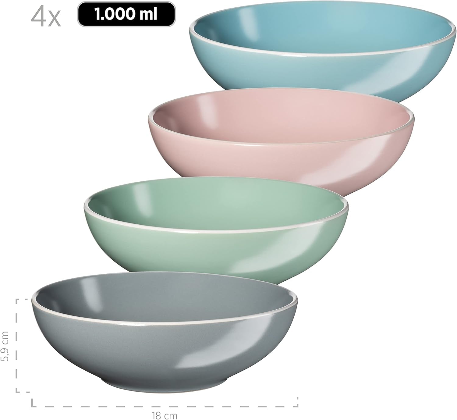 MÄSER 934006 Serie Elissa, Set di stoviglie moderne per 4 in smalti colorati opachi con bordo bianco, set combinato da 16 pezzi, gres, multicolore, grigio, turchese, rosa, verde