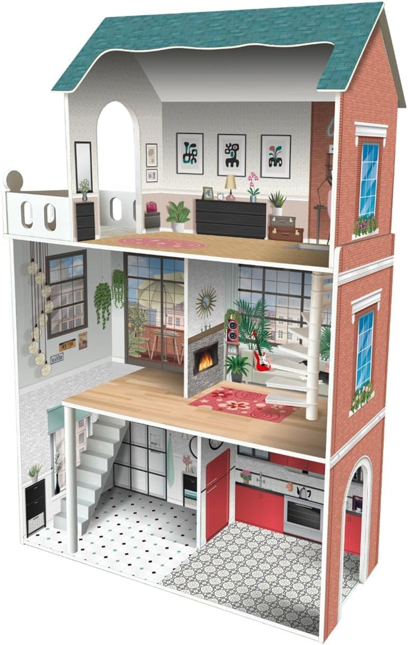 Casa delle bambole di design Soho-Madera a 3 piani con 8 mobili, dimensioni 120 x 33 x 75 cm (913D00181)