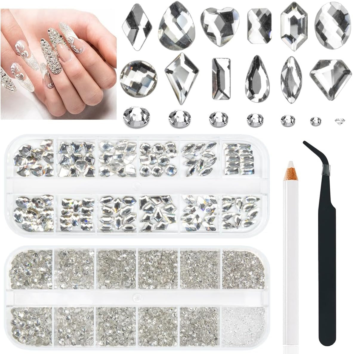2630 pietre scintillanti di cristallo AB per unghie, 120 12 tipi di pietre scintillanti grandi + 2510 pietre di vetro rotonde K9 di 6 dimensioni per unghie, strass, disegni per unghie, ciondoli per unghie per Face Art