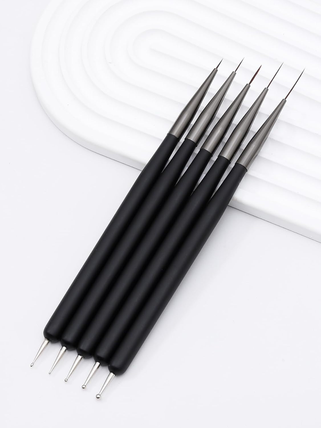 Nagelkunst-Pinsel, 5 Stück, Nailart-Pinsel, Punktierstift-Werkzeuge, Malkunst-Design-Pinsel-Set Für Lange Linien, Dünne Details, Feine Zeichnungsgrößen 7/9/11/15/22 Mm, Nero