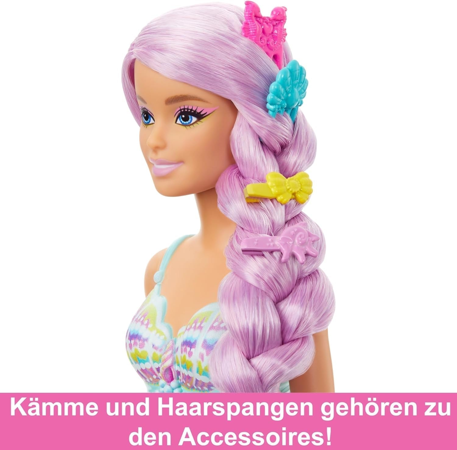Bambola Barbie Sirena - con lunghi capelli rosa e accessori per lo styling personalizzati, tra cui spazzola, graziosa conchiglia e pinne rosa, dai 3 anni in su, HRR00 Naty Shop Dolls