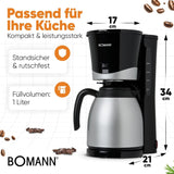 Caffettiera Bomann® con thermos | per 8-10 tazze di caffè | senza perdita di temperatura | caffettiera con filtro | 1 litro | Espresso | Caffettiera a filtro con thermos | KA168 nero
