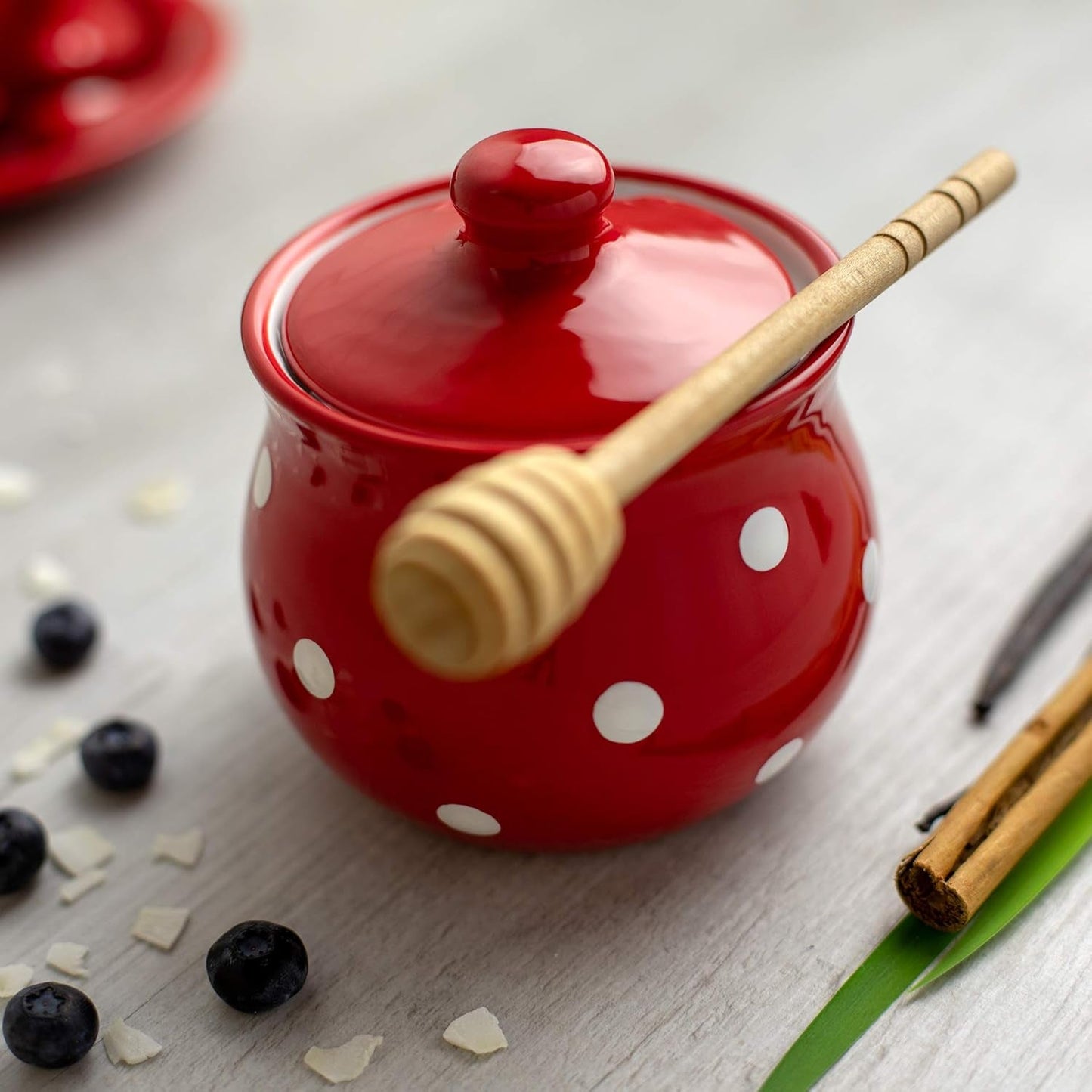 City to Cottage® - Set da tè grande | Rosso e bianco | Punti | Fatto a mano | Teiera in ceramica 1,7 litri, lattiera, zuccheriera