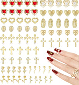 Ciondoli per unghie dorati 80 pezzi Croce rosa cuore Vergine Maria Gemme per unghie Lega di metallo Accessori per unghie per decorazioni di design per manicure Artigianato fai-da-te
