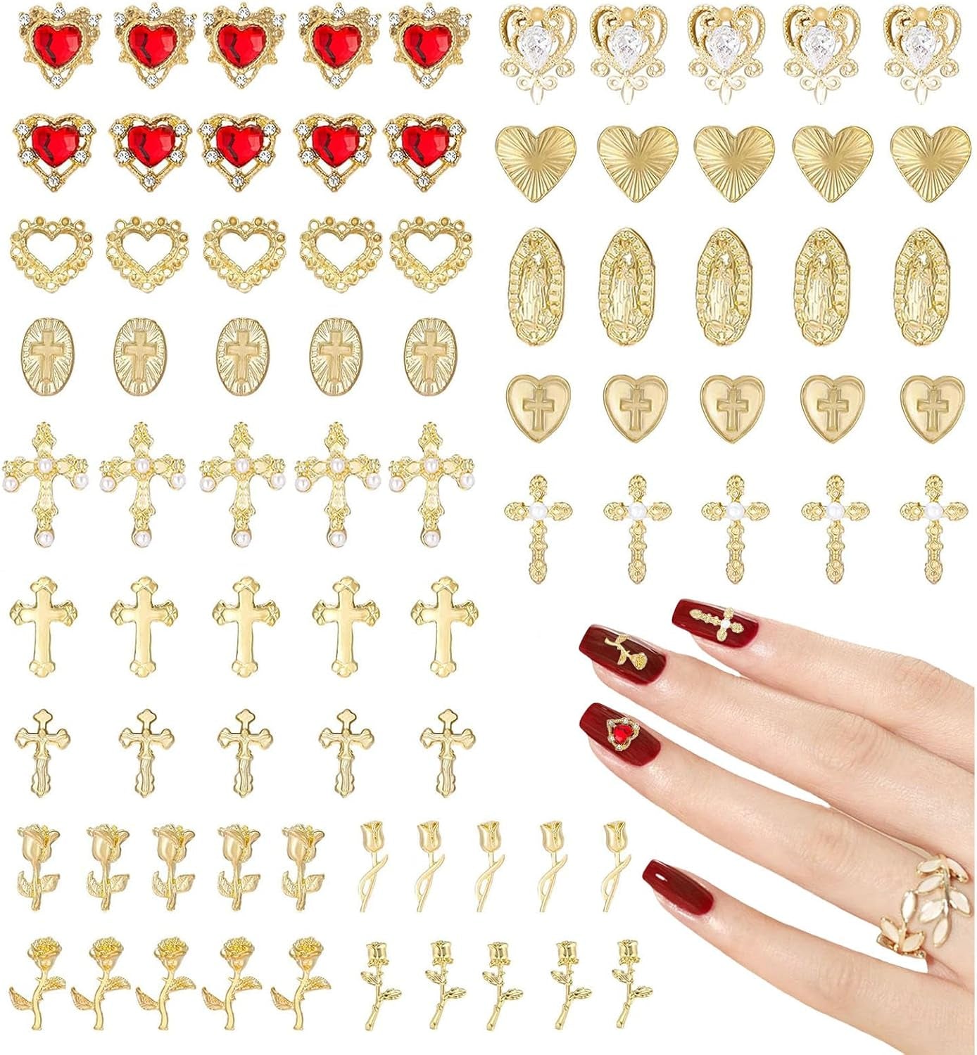 Ciondoli per unghie dorati 80 pezzi Croce rosa cuore Vergine Maria Gemme per unghie Lega di metallo Accessori per unghie per decorazioni di design per manicure Artigianato fai-da-te