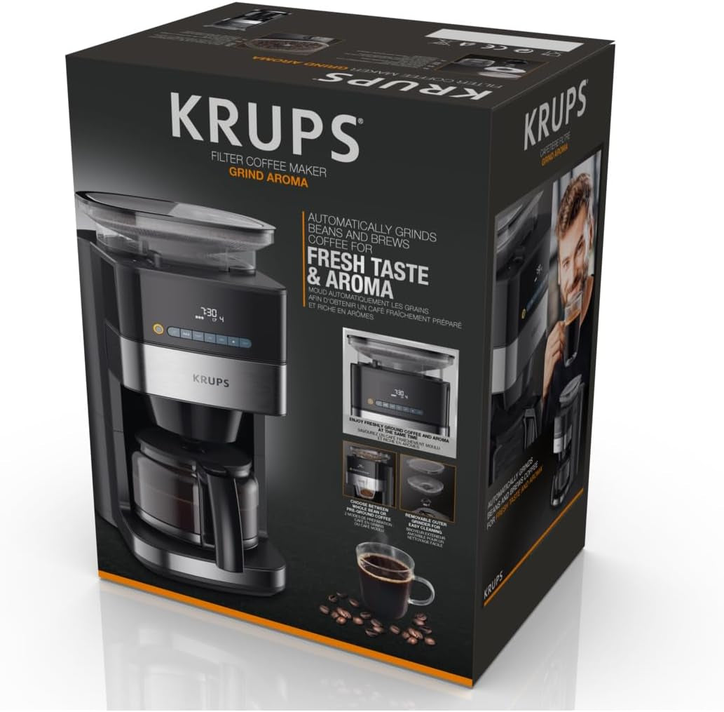 Macchina per caffè espresso Krups KM8328 Macina con macinino | timer 24 ore | Contenitore per cereali 180 g | Capacità 1,25 l per un massimo di 15 tazze di caffè | Funzione di spegnimento automatico | 3 impostazioni di macinatura | Nero