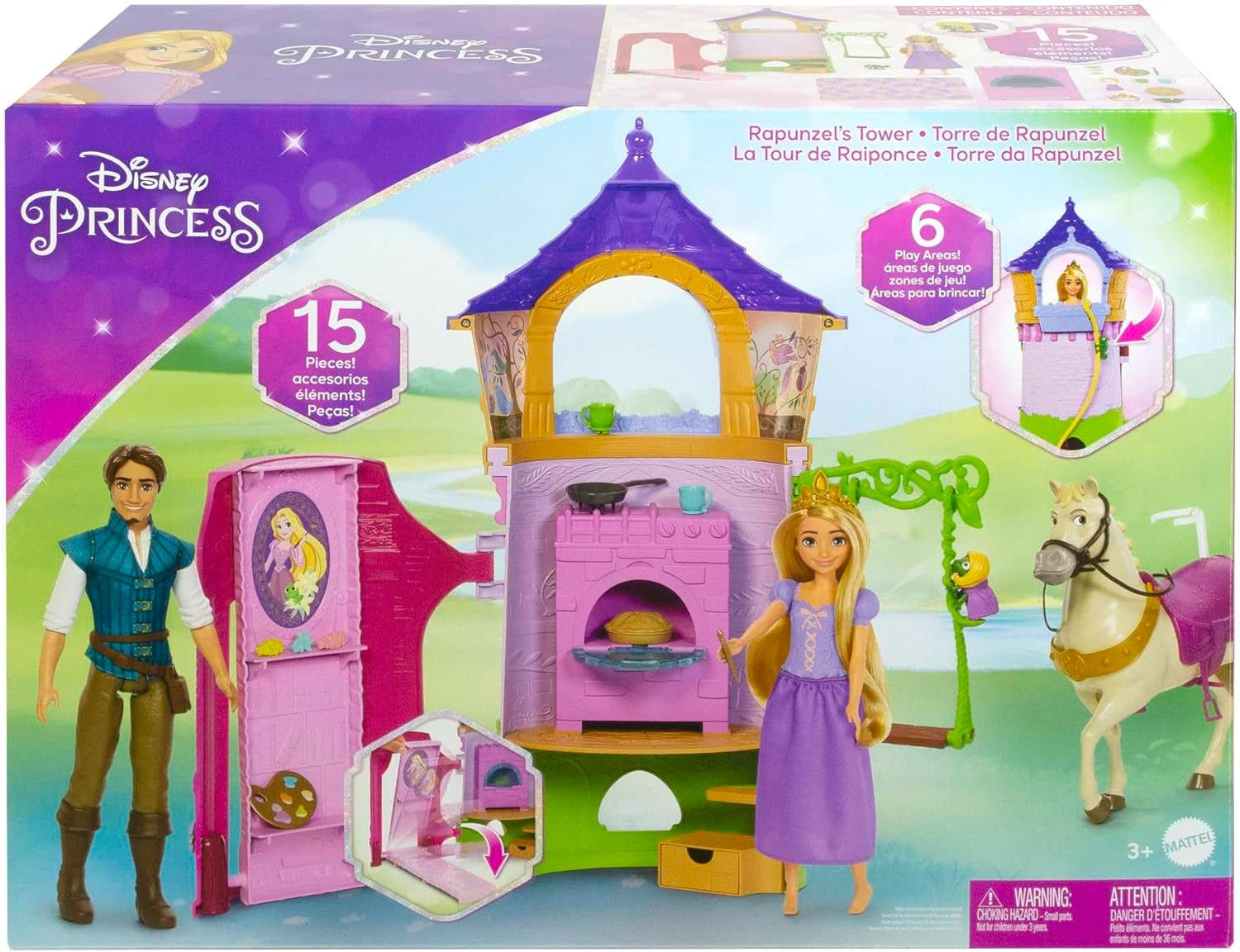 Disney Princess HMV99 - Rapunzel bambola mobile e torre giochi con divertimento a tutto tondo, 6 aree gioco e 15 accessori, ispirata al film Disney, giocattoli per bambole di 3 anni Naty Shop Dolls