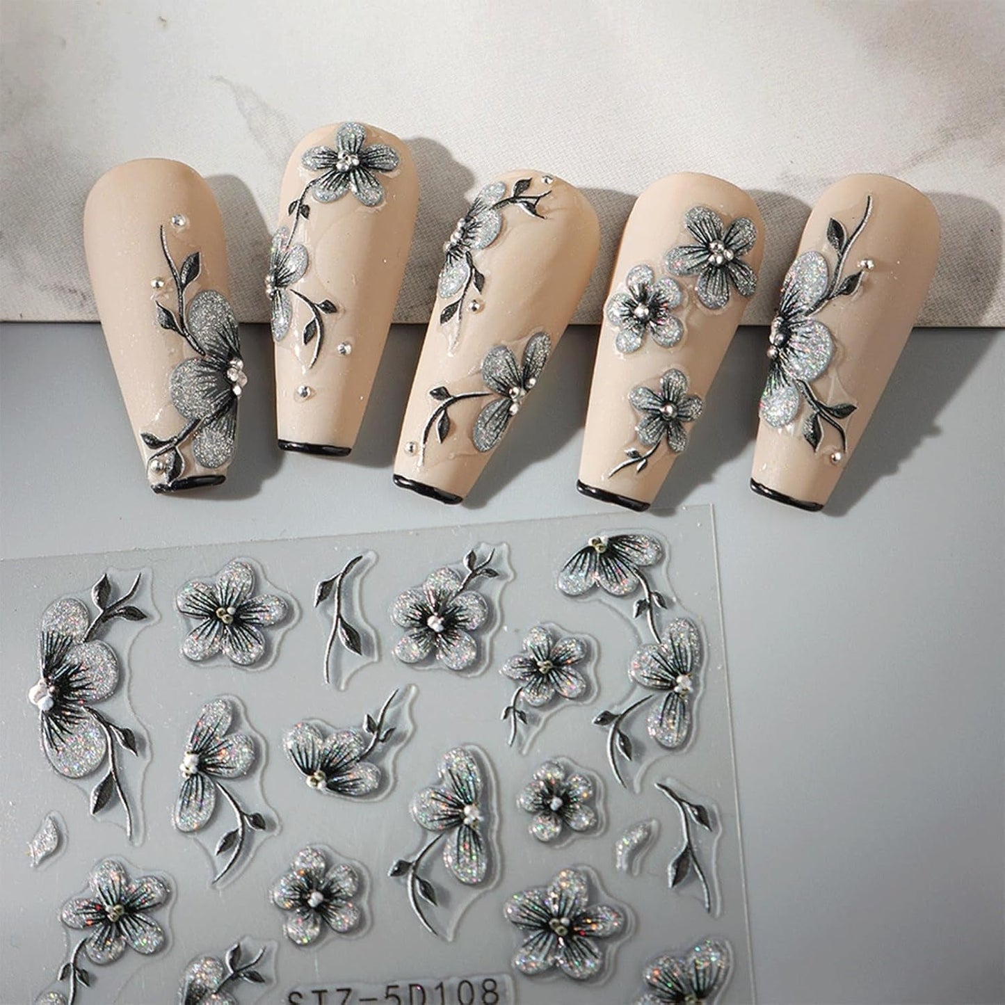 JMEOWIO 6 Blatt 3D Nagelsticker Blumen Nail Art Sticker Selbstklebend Nagelaufkleber 5D Stereoscopico Frühling Sommer Blumen Dekoration Nageldesign Zubehör