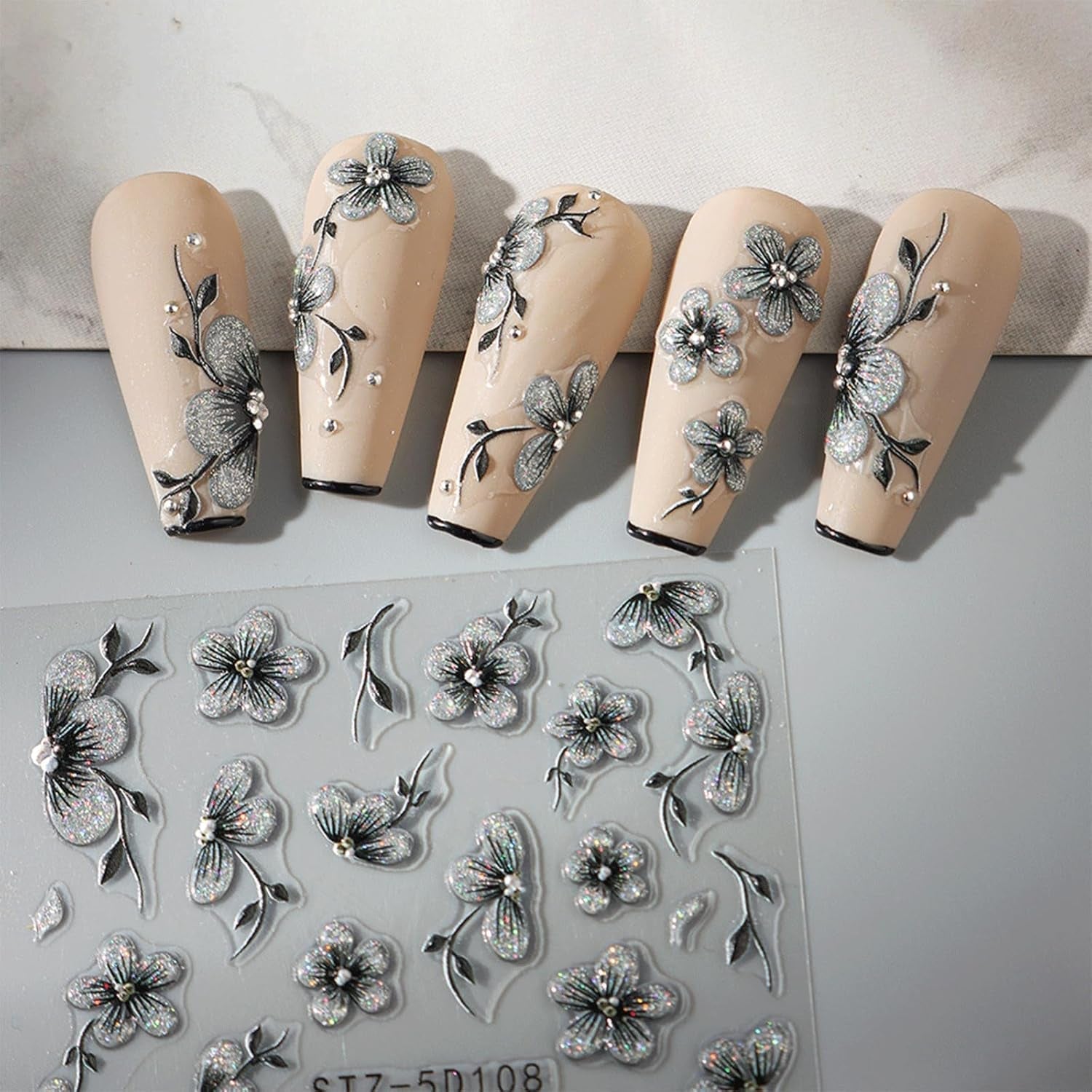 JMEOWIO 6 Blatt 3D Nagelsticker Blumen Nail Art Sticker Selbstklebend Nagelaufkleber 5D Stereoscopico Frühling Sommer Blumen Dekoration Nageldesign Zubehör