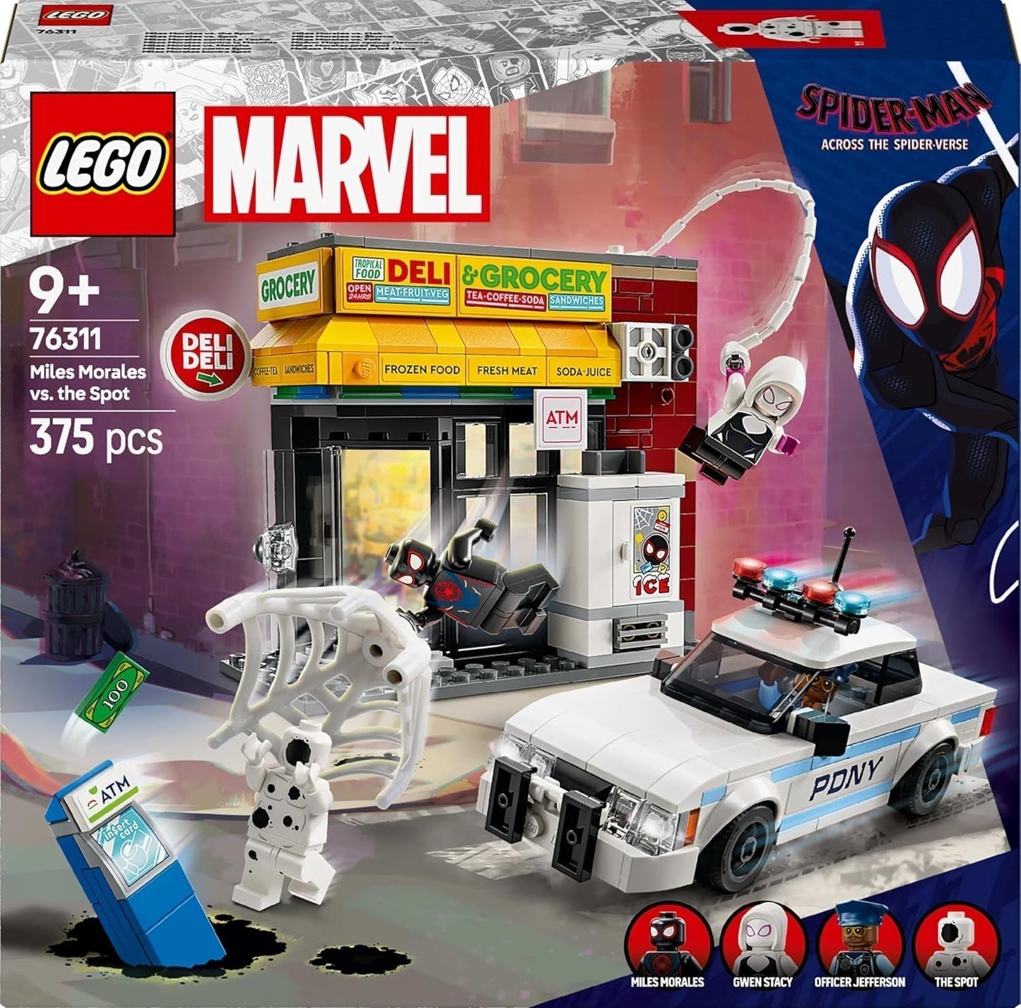 LEGO Marvel Spider-Verse: Miles Morales vs. Spot - Set da gioco supereroe con macchinina - 4 minifigure e minimarket - Regalo per ragazzi e ragazze dai 9 anni in su 76311 Set da costruzione Besuche den LEGO-Store
