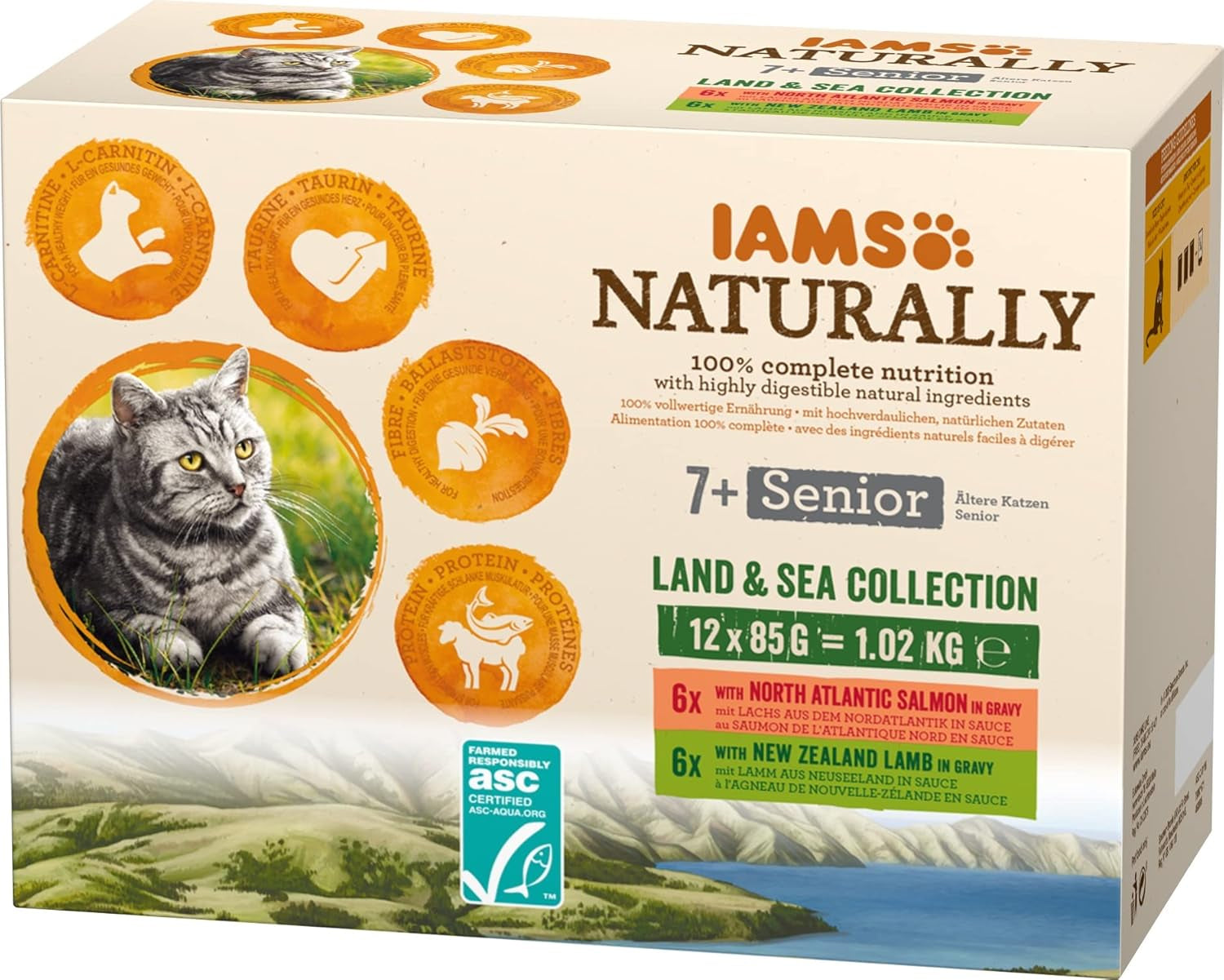 IAMS Naturally Senior Alimento umido in salsa - Alimento umido di alta qualità a base di carne e pesce per gatti anziani, Collezione Land & Sea, 12 x 85g