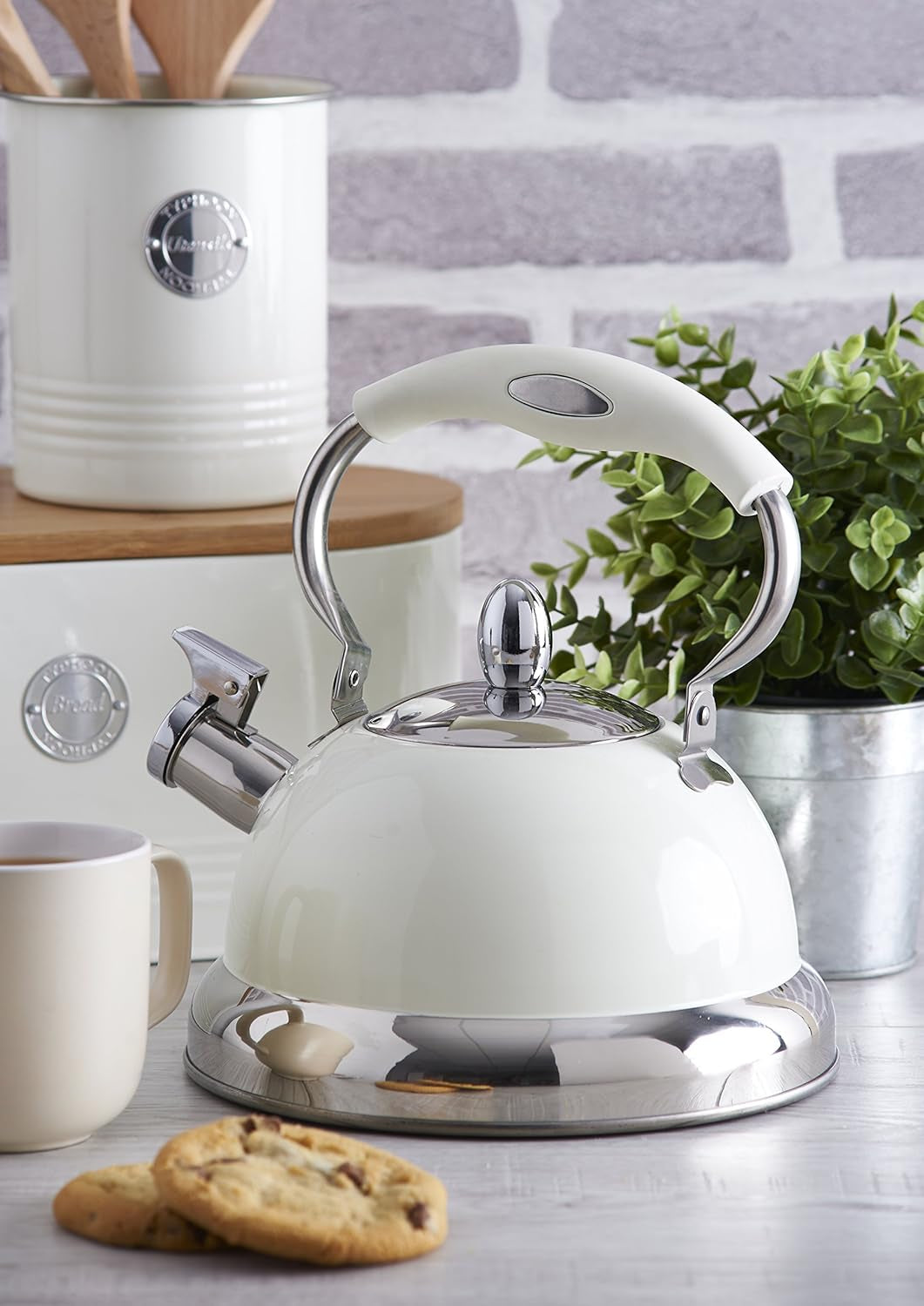 , Cestino per il pane in acciaio inox "Living", colore crema, con coperchio in bambù, crema Contenitori per alimenti Naty Shop