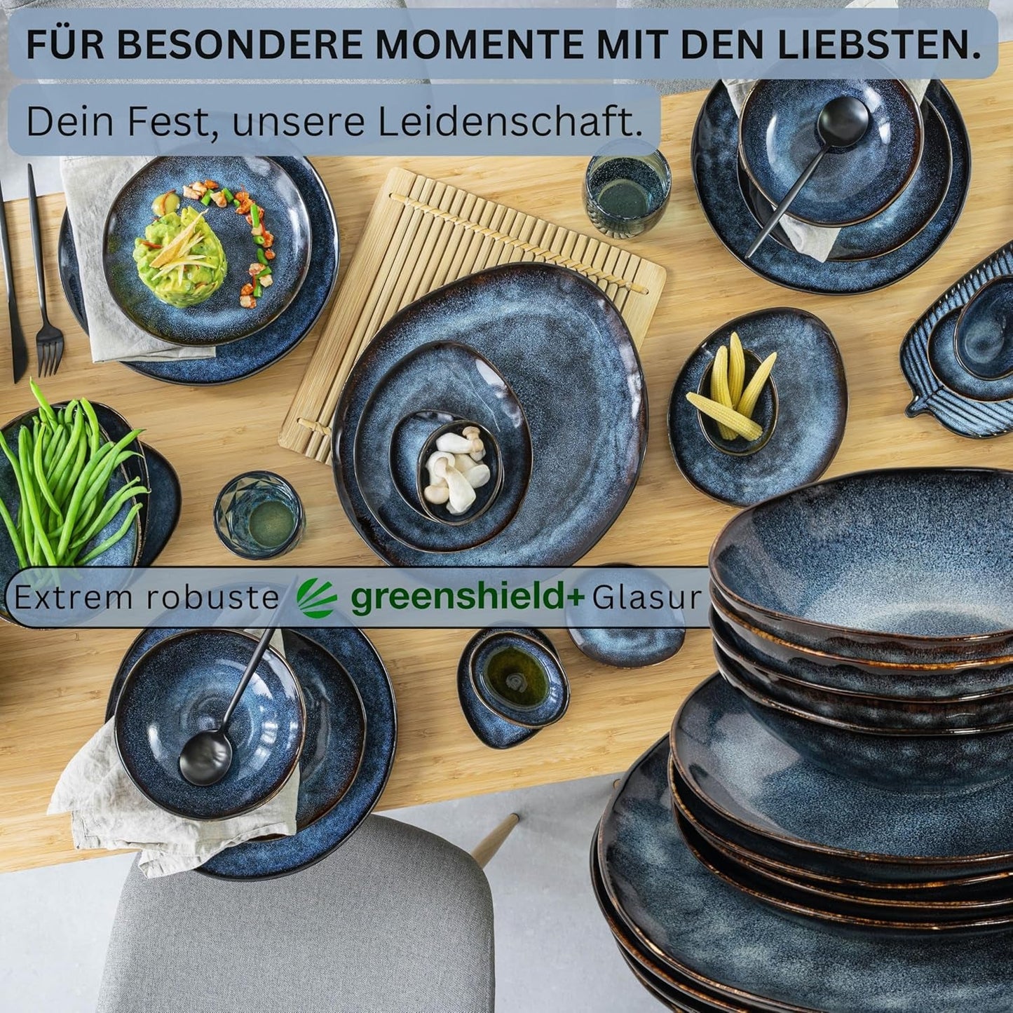 Sanger | Set di stoviglie Tokyo da 36 pezzi Set di stoviglie in porcellana per 12 persone Stoviglie moderne fatte a mano blu scuro con accenti neri | LA COLLEZIONE PREMIUM