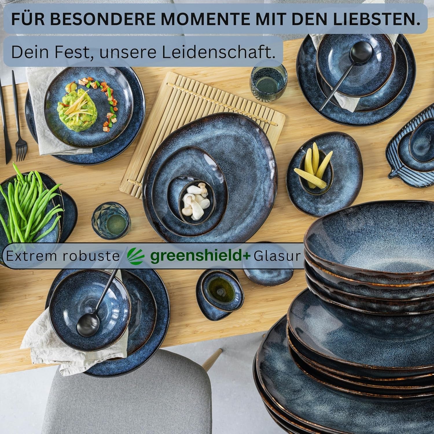 Sanger | Set di stoviglie Tokyo da 36 pezzi Set di stoviglie in porcellana per 12 persone Stoviglie moderne fatte a mano blu scuro con accenti neri | LA COLLEZIONE PREMIUM