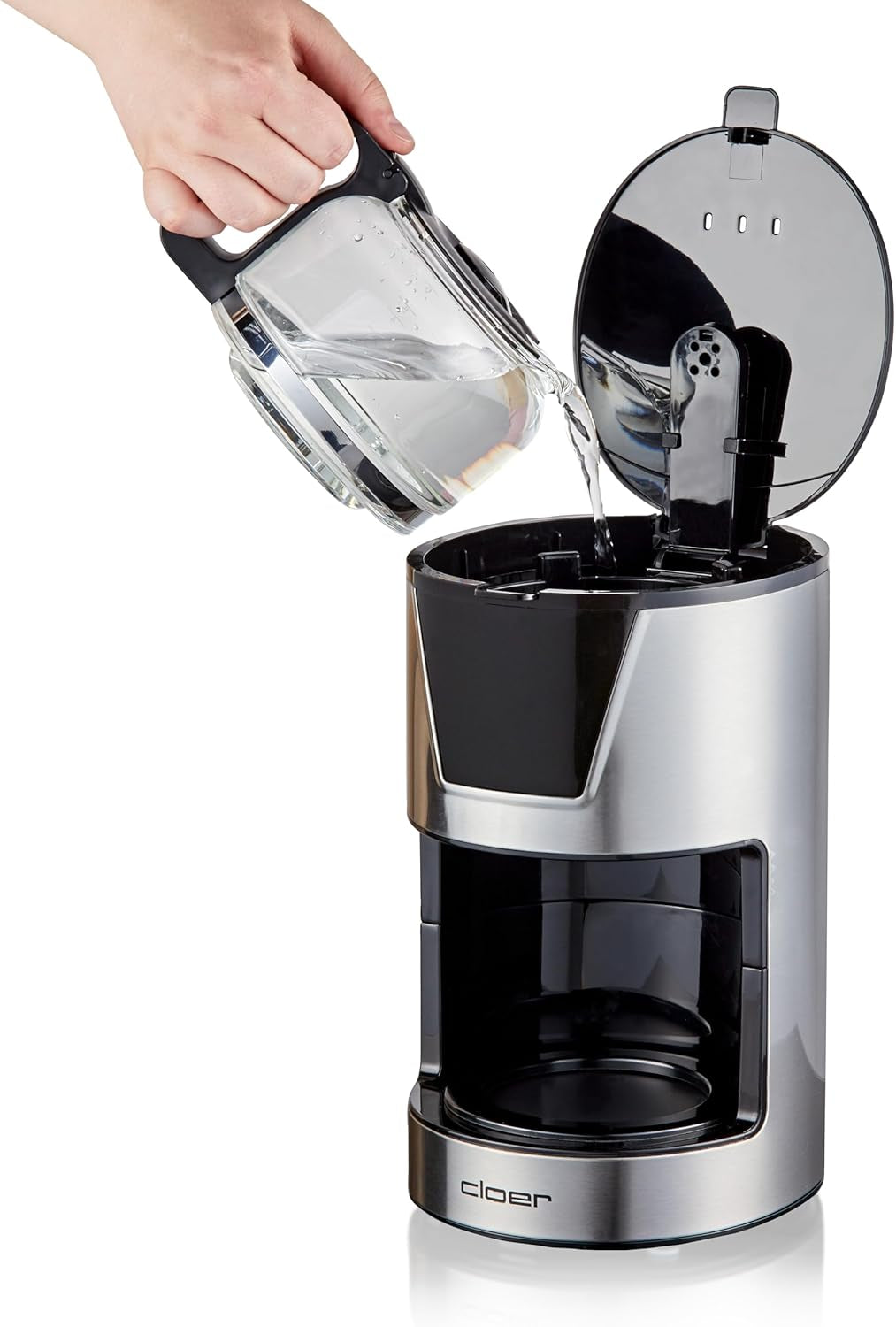 Macchina per caffè espresso con filtro Cloer da 6 tazze, funzione di mantenimento in caldo delicato, caraffa in vetro, misurino, indicatore del livello dell'acqua, sistema antigoccia, spegnimento automatico, dimensione filtro 1x2, 550 W, acciaio inossidabile