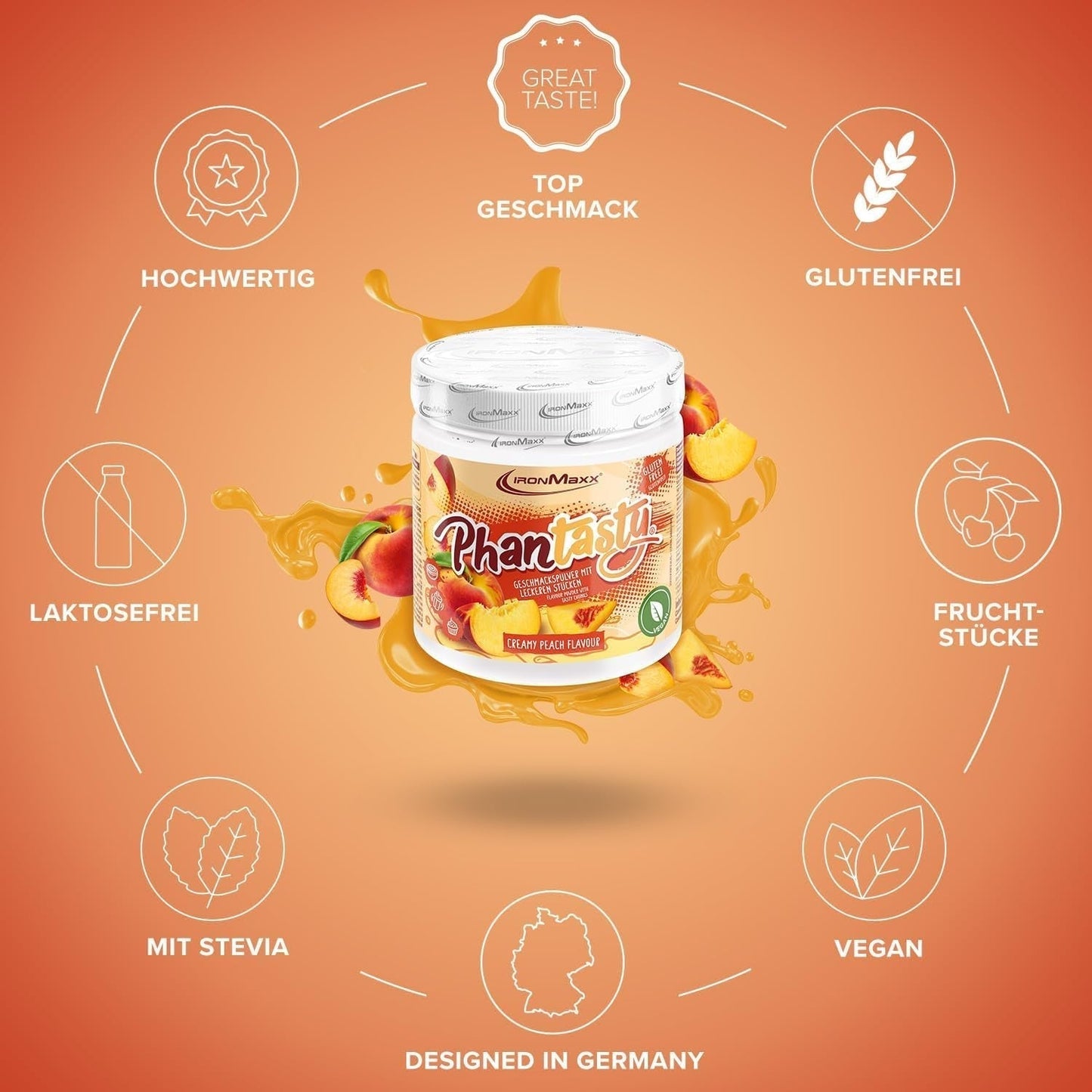 Ironmaxx Phantasty - Dose cremosa alla pesca 250G | Vegan Geschmackspulver Mit Echten Frucht- Oder Nussstückchen | Perfekter Zuckerersatz Dolcificanti Naty Shop
