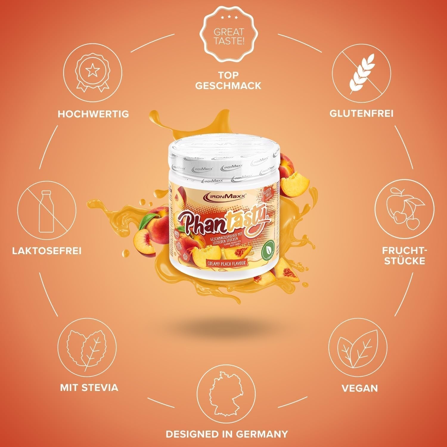 Ironmaxx Phantasty - Dose cremosa alla pesca 250G | Vegan Geschmackspulver Mit Echten Frucht- Oder Nussstückchen | Perfekter Zuckerersatz Dolcificanti Naty Shop