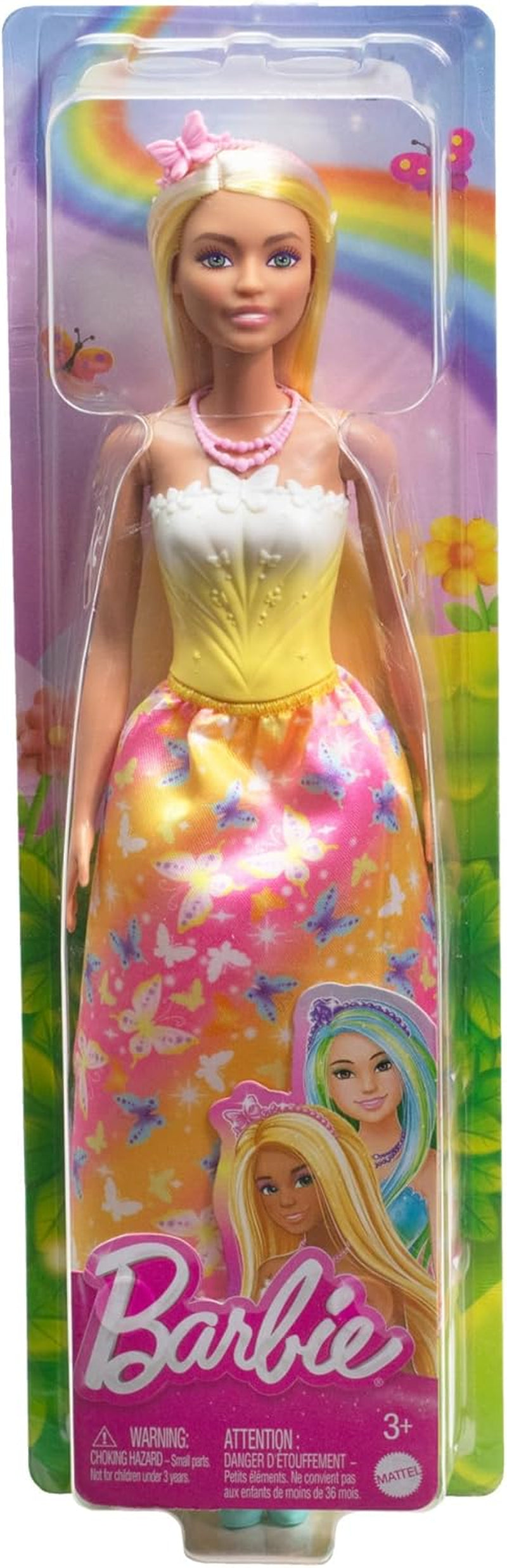 Bambola Barbie Reale con capelli fantasia, ciocche colorate, accessori colorati, top giallo sfumato e gonna a farfalla, HRR09 Bambole Naty Shop