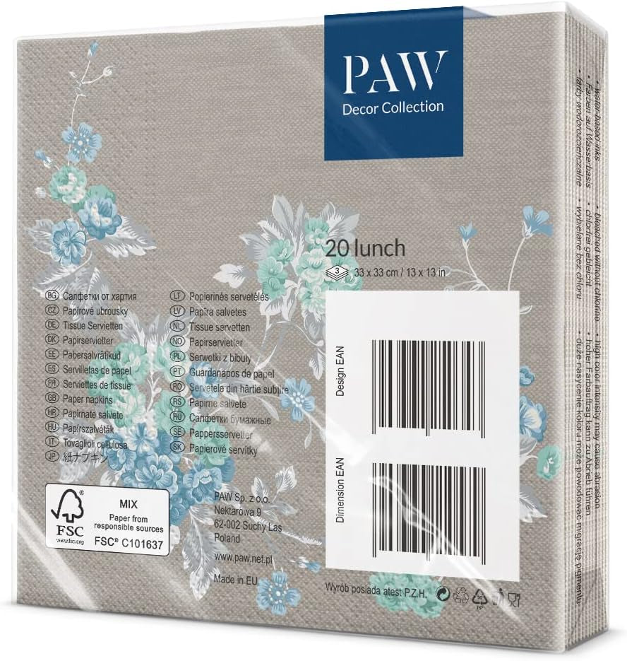 PAW - Tovaglioli 3 Veli (33 X 33 Cm) I 20 Pezzi I Perfetti per Compleanni, Feste, Matrimoni, Comunioni e Festività I Tovaglioli di Carta Colorati - Fiori Eleganti I Colore: Peaceful Garden