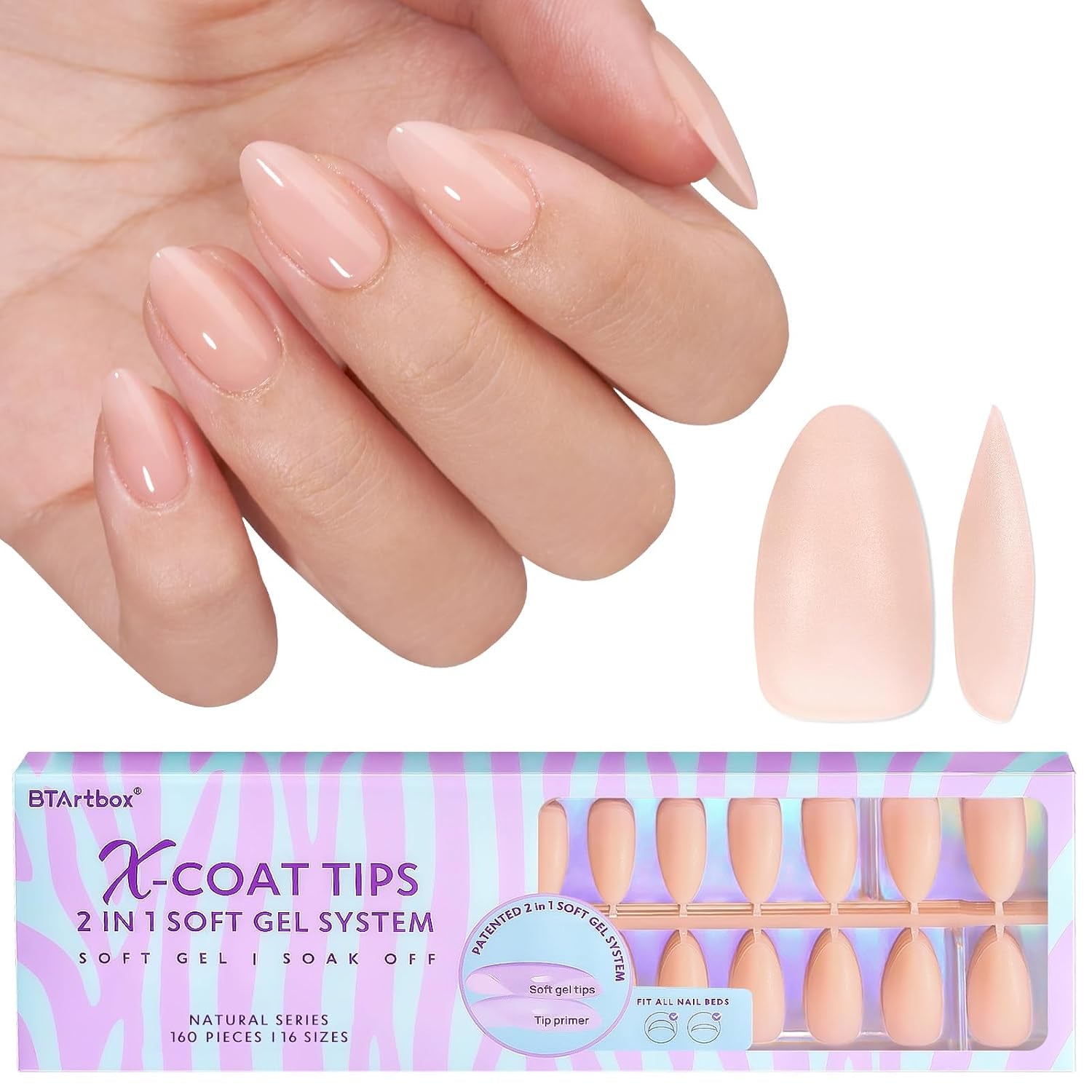 Btartbox Unghie in gel morbide extra corte Mandorla a copertura totale Punte per unghie corte 160 pezzi XCOATTIPS Unghie artificiali pre-progettate Punte per unghie corte a mandorla per estensioni delle unghie