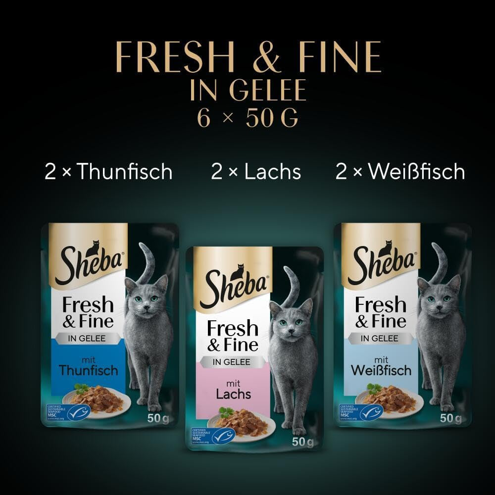 Sheba Portion Pouches Cibo umido per gatti, Multipack Fresh & Fine in gelatina con tonno e salmone MSC, 6x6x50g - Pasti sani per gatti con gelatina
