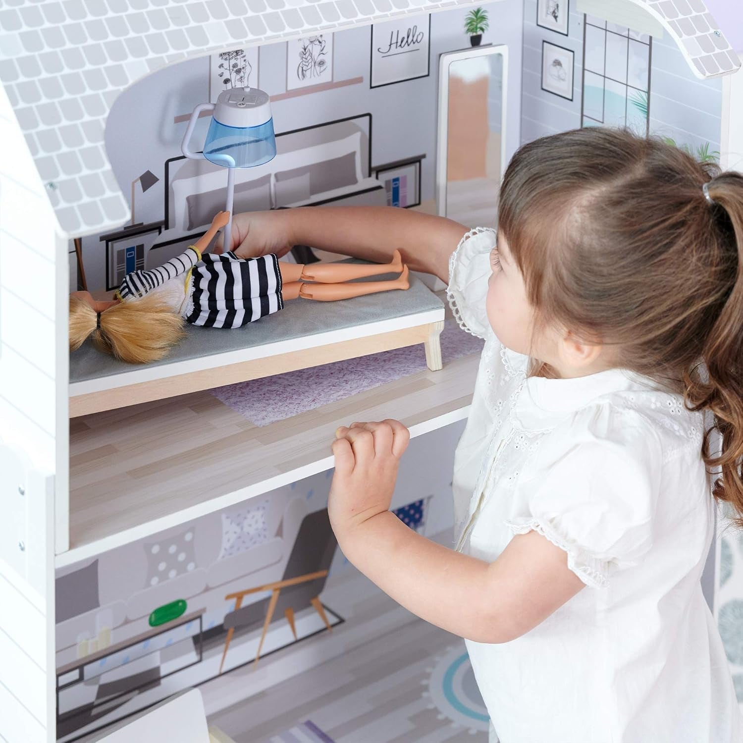 Teamson Kids Casa delle bambole gigante Olivia's Little World con mobili e accessori, casa delle bambole in legno, set da gioco a 3 livelli per bambole da 30 cm, dai 3 anni in su