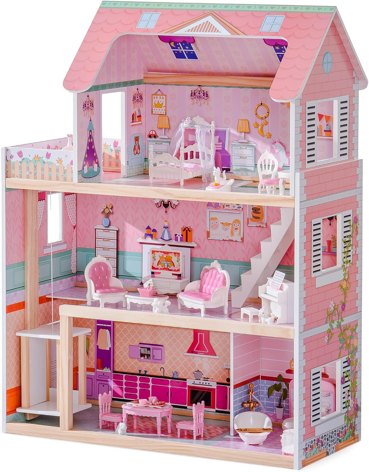 ROBUD Casa delle bambole in legno per bambini, casa delle bambole, giocattolo, regalo per ragazze e ragazzi di 3 4 5 6 anni
