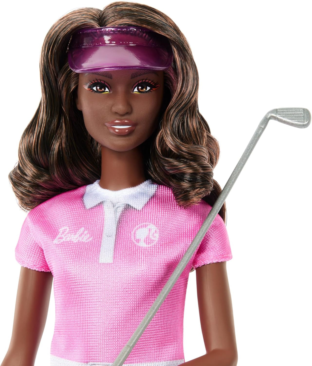 Barbie Bruna Giocatrice di Golf con Abito Polo Rosa Staccabile, Uniforme da Golf, Include Berretto e Accessori per Mazza da Golf, JCR69