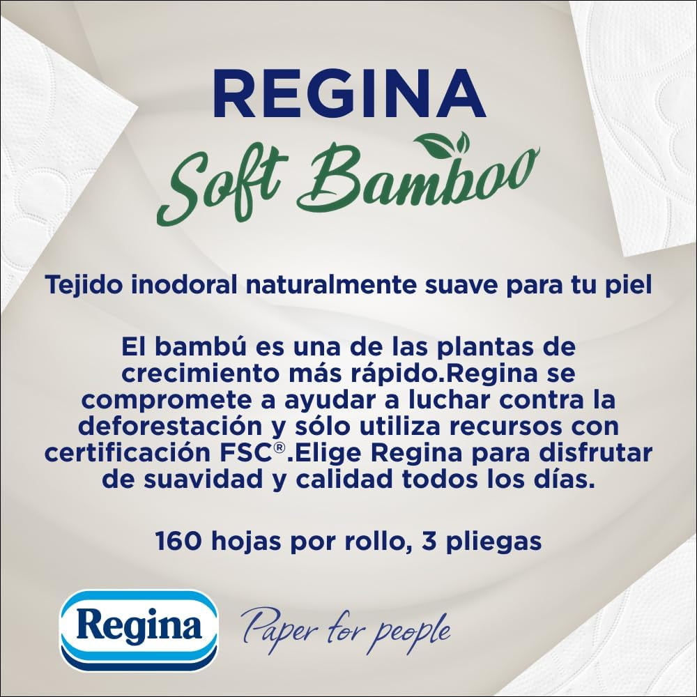 Carta Igienica Regina Soft Bamboo, 40 Rotoli, 3 Strati, 160 Fogli, Morbidezza Naturale per la Tua Pelle, Carta Igienica in Fibra di Bambù, Confezione in Carta, Certificato Fsc