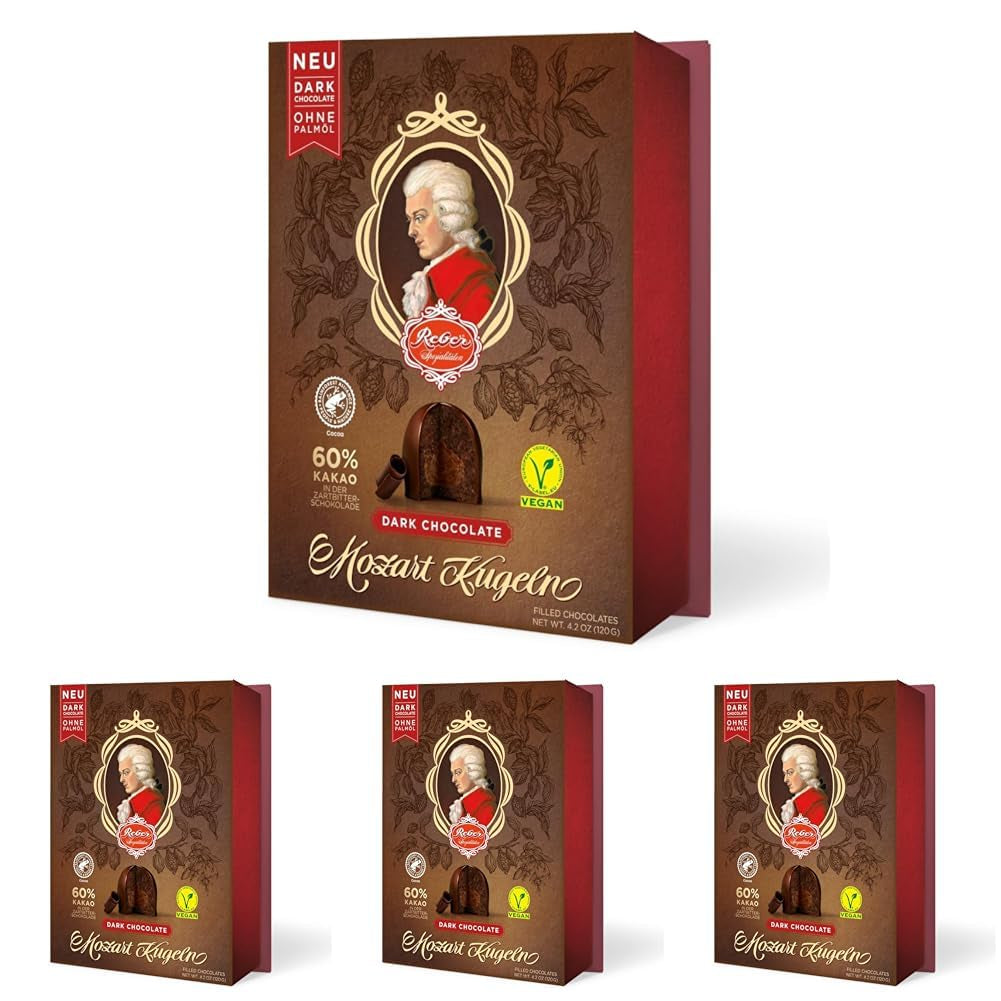 Reber Mozart palline al cioccolato fondente, confezione da 6 con marzapane e torrone, vegan - 1 x 120 g