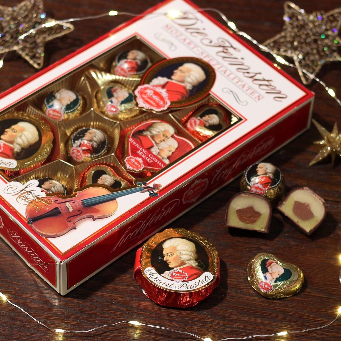 Reber Mozart palline al cioccolato fondente, confezione da 6 con marzapane e torrone, vegan - 1 x 120 g
