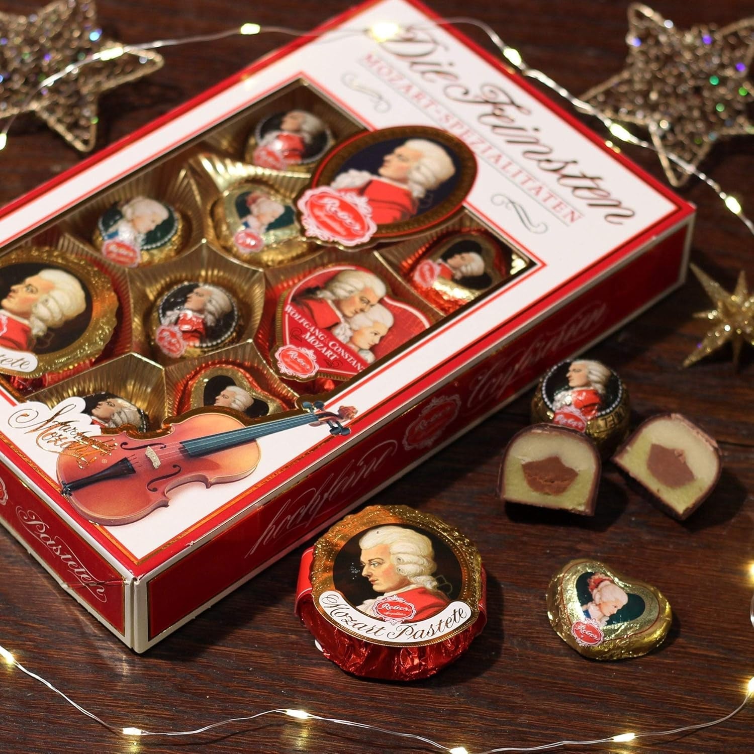 Reber Mozart palline al cioccolato fondente, confezione da 6 con marzapane e torrone, vegan - 1 x 120 g