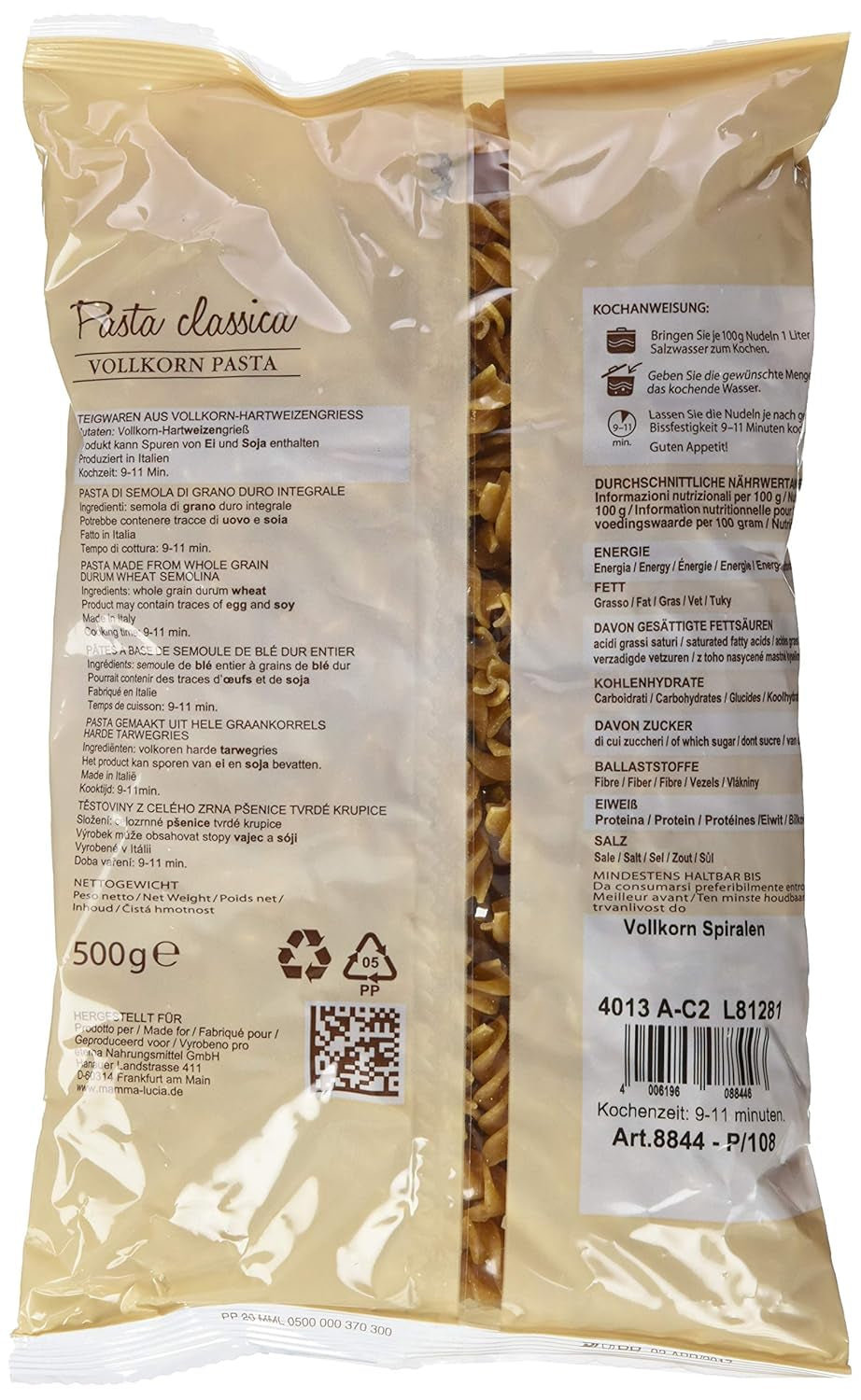 Spirali di pasta integrale, conf. da 10 (10 x 500 g)