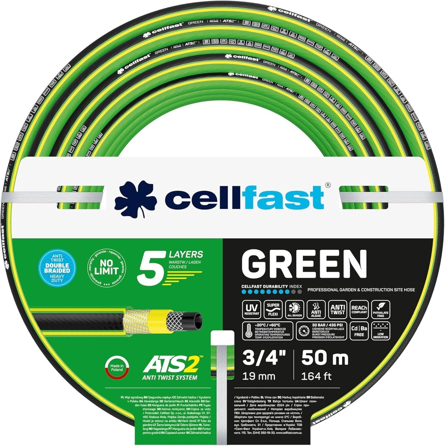 Tubo da giardino CELLFAST Tubo dell'acqua a 5 strati Tubo per irrigazione transfrontaliero a doppia treccia Resistente ai raggi UV Anti-alghe Flessibile 30 Bar 3,4 pollici 50 metri Verde