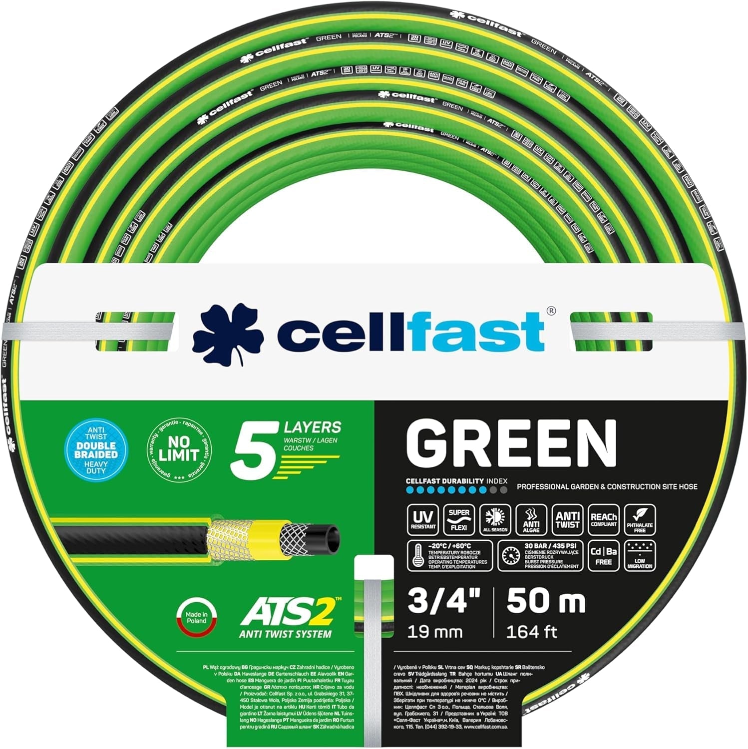 Tubo da giardino CELLFAST Tubo dell'acqua a 5 strati Tubo per irrigazione transfrontaliero a doppia treccia Resistente ai raggi UV Anti-alghe Flessibile 30 Bar 3,4 pollici 50 metri Verde