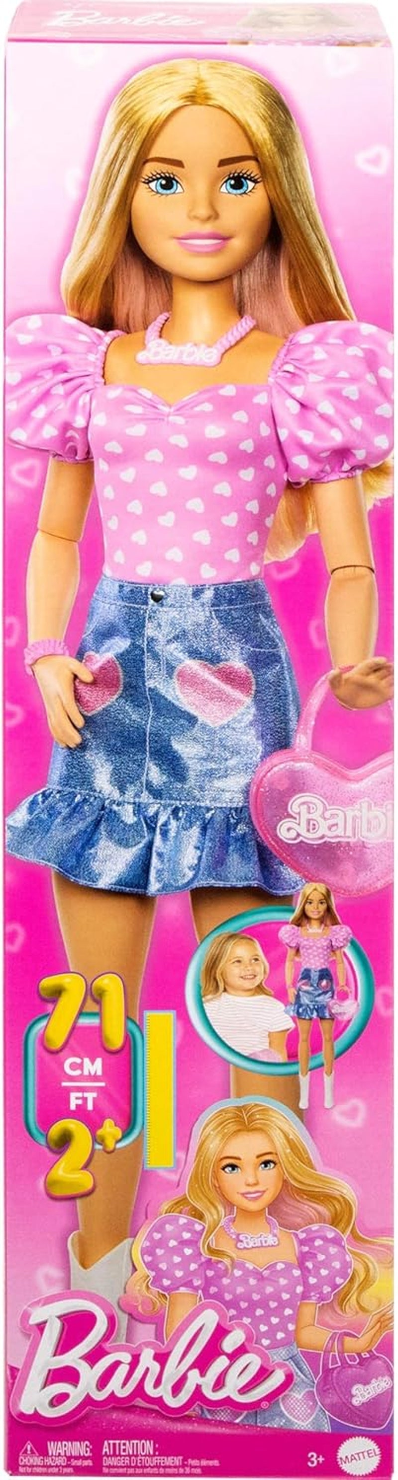 Bambola Barbie alla moda da 71 cm bionda con vestiti staccabili top rosa gonna di jeans stivali da cowboy collana e borsa HYT84