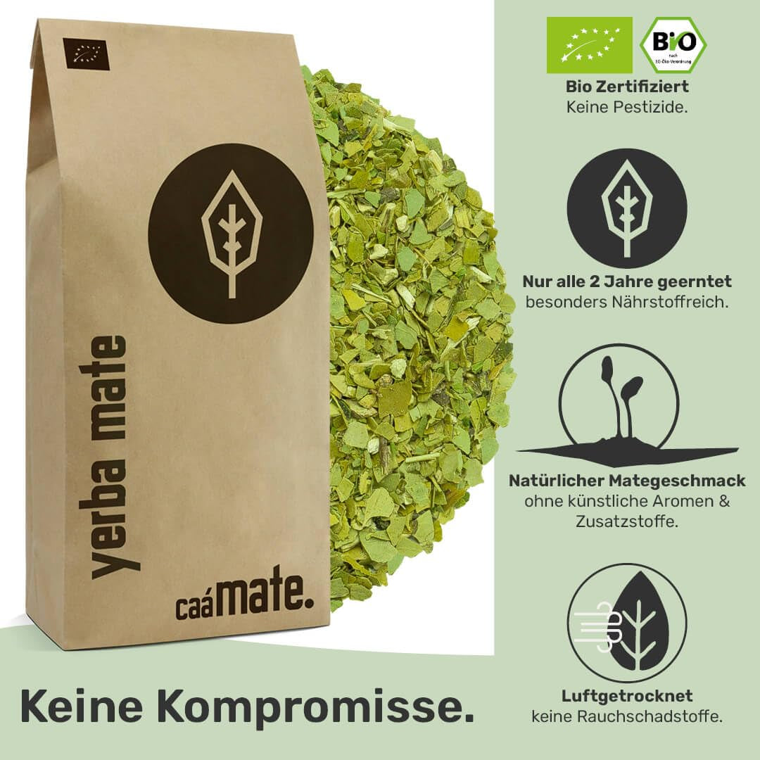 Tè Yerba Mate BIO 1 kg ● Originale ● Maturo ● Non tostato ● Essiccato all'aria ● Senza fumo ● Senza plastica ● Commercio equo e solidale ● Tè mate da foglie di mate, pezzi di mate e polvere di foglie di mate ● DE-ÖKO-006