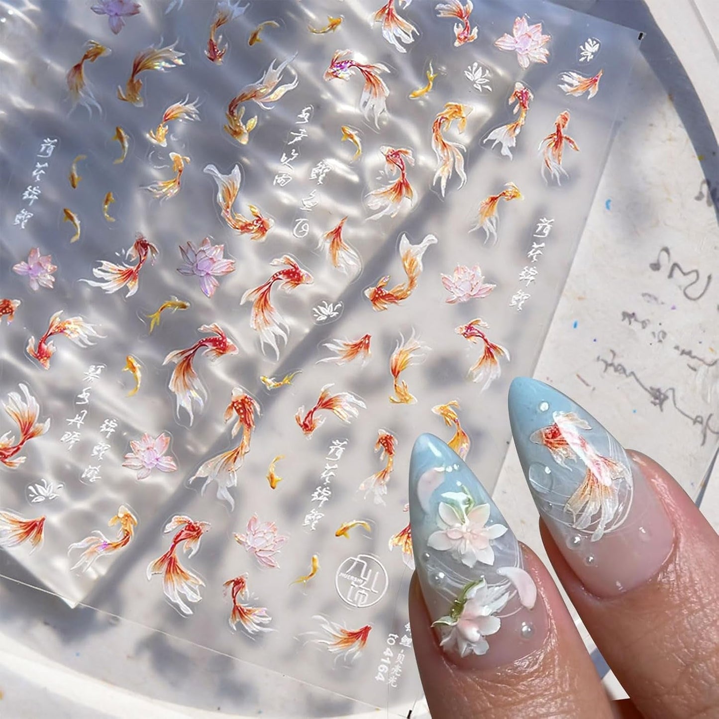 JMEOWIO 3D Nagelsticker Koi Fisch Nail Art Sticker Self-klebend Nagelaufkleber 5D Stereoscopico Decorazione Nageldesign Zubehör 1 Blatt