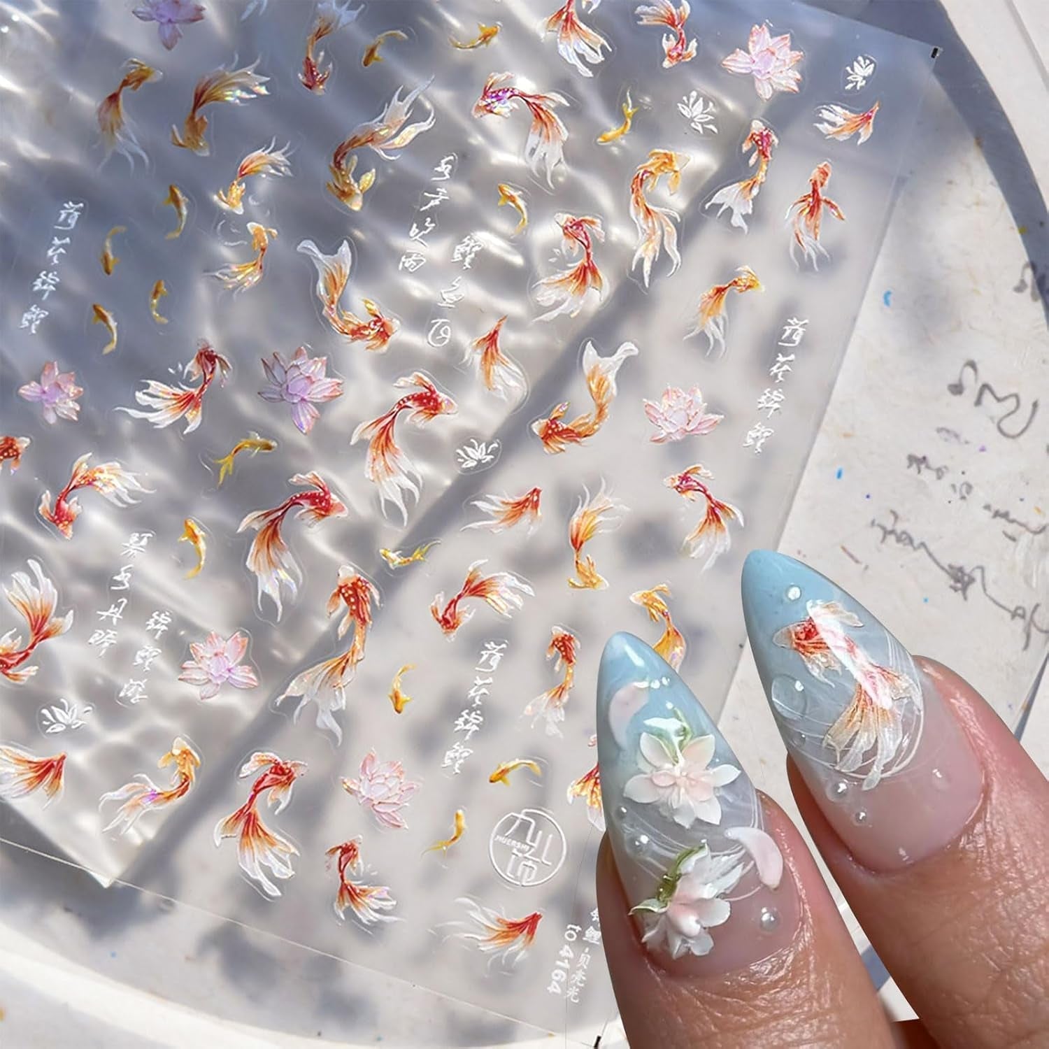 JMEOWIO 3D Nagelsticker Koi Fisch Nail Art Sticker Self-klebend Nagelaufkleber 5D Stereoscopico Decorazione Nageldesign Zubehör 1 Blatt