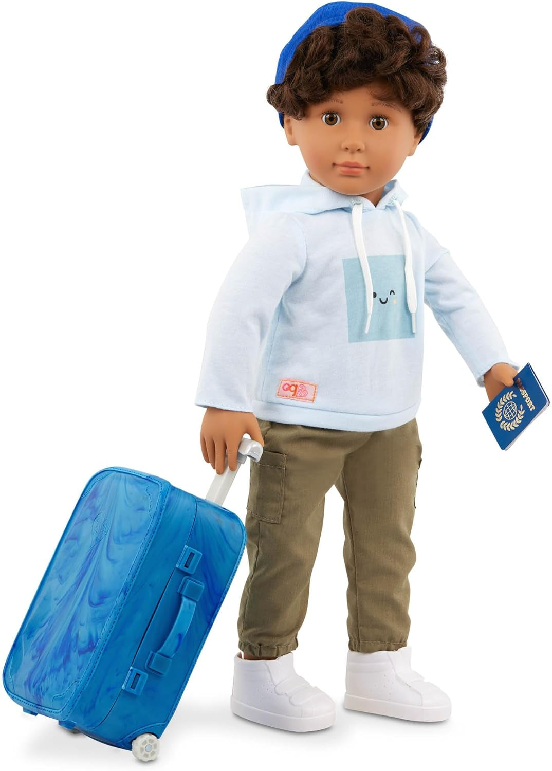 Our Generation - Milo - Bambola ragazzo da 46 cm - Occhi castani realistici e capelli castani ricci - Valigia con ruote e accessori da viaggio - Gioco di finzione - Giocattolo dai 3 anni in su