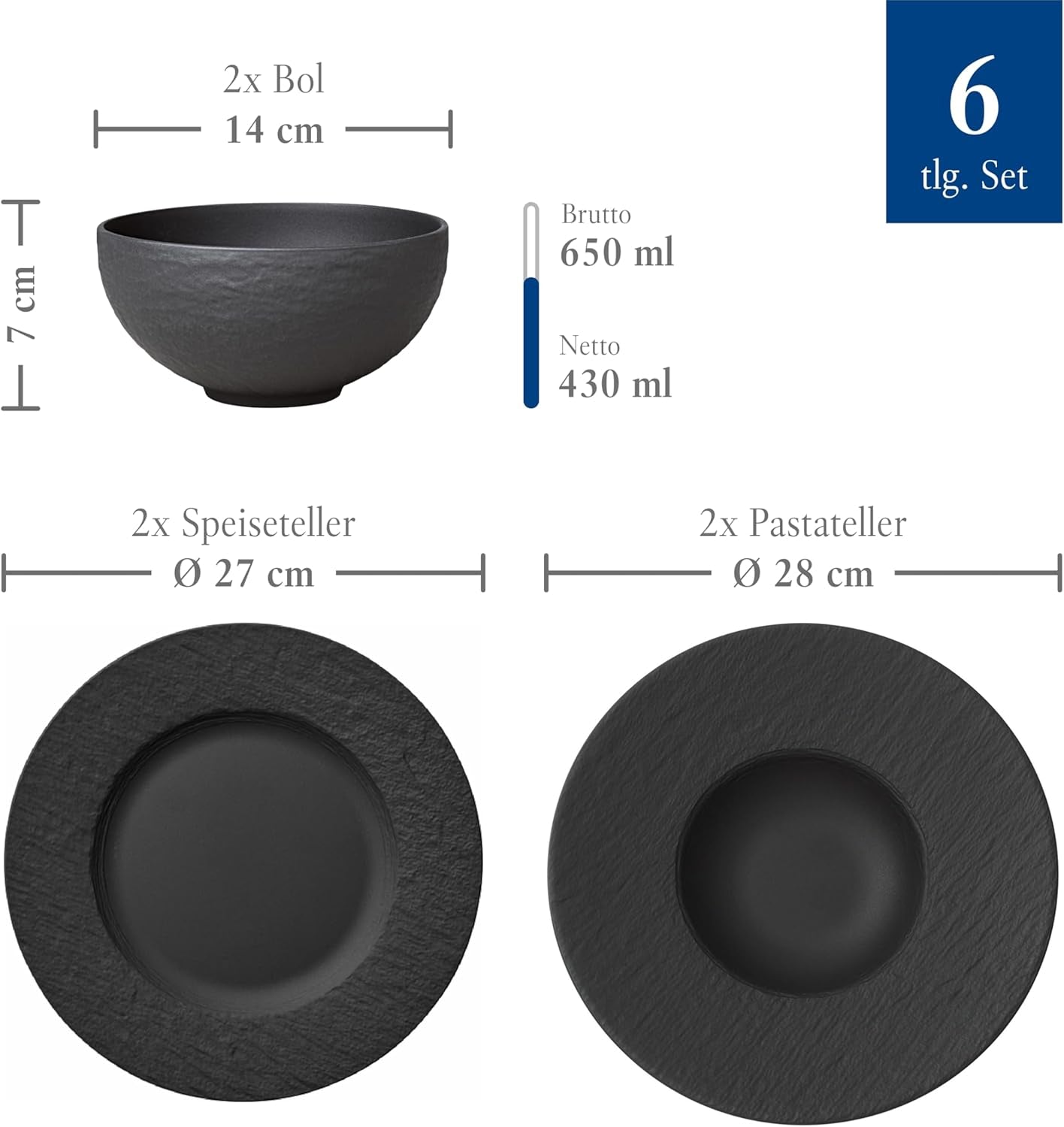 Villeroy & Boch Manufacture Rock Set Starter, 6 Pezzi, Nero, Lavabile in Lavastoviglie, Adatto al Microonde, Set Piatti Nero Opaco, Stoviglie, Posate, Porcellana Premium