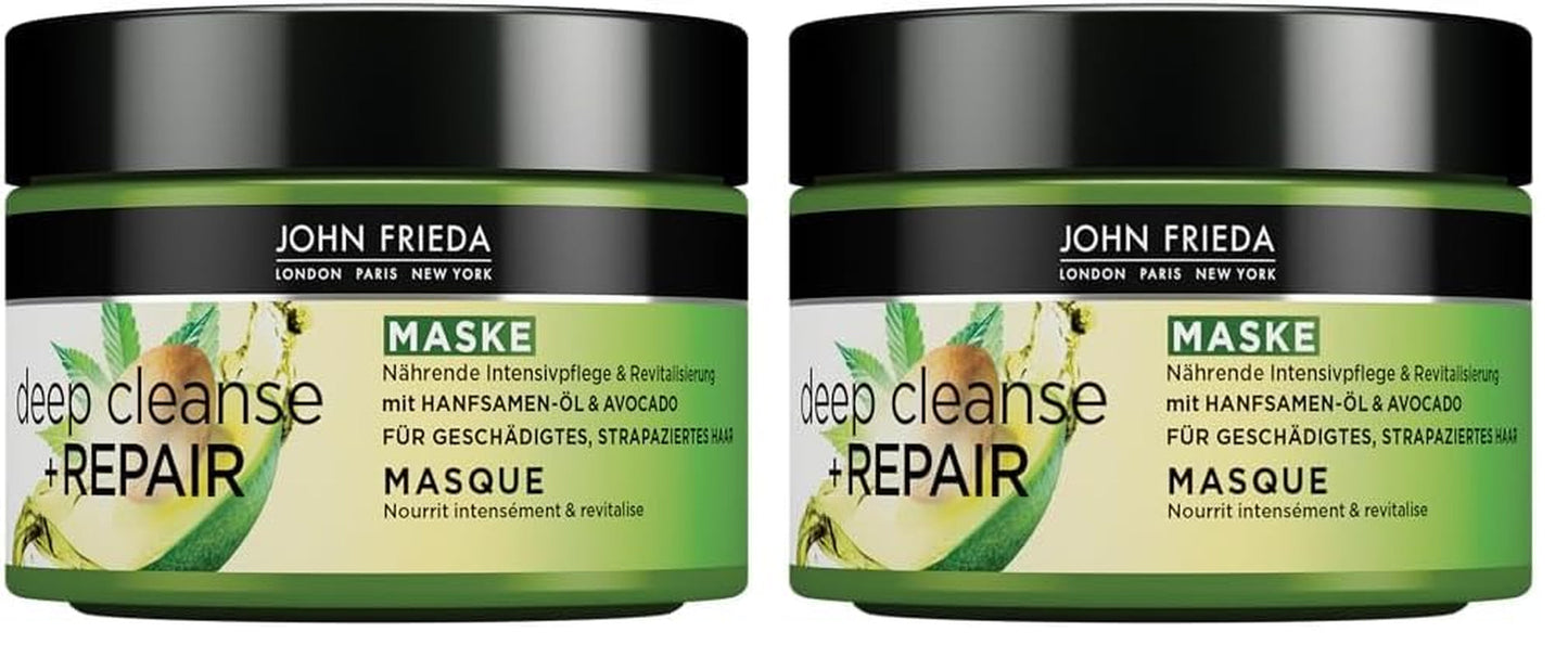 John Frieda - Maschera/Trattamento Deep Cleanse & Repair - Contenuto: 250 ml - Con olio di semi di canapa + avocado nutriente - Maschera lenitiva per capelli danneggiati Naty Shop maschera per capelli 250 ml (confezione da 2)
