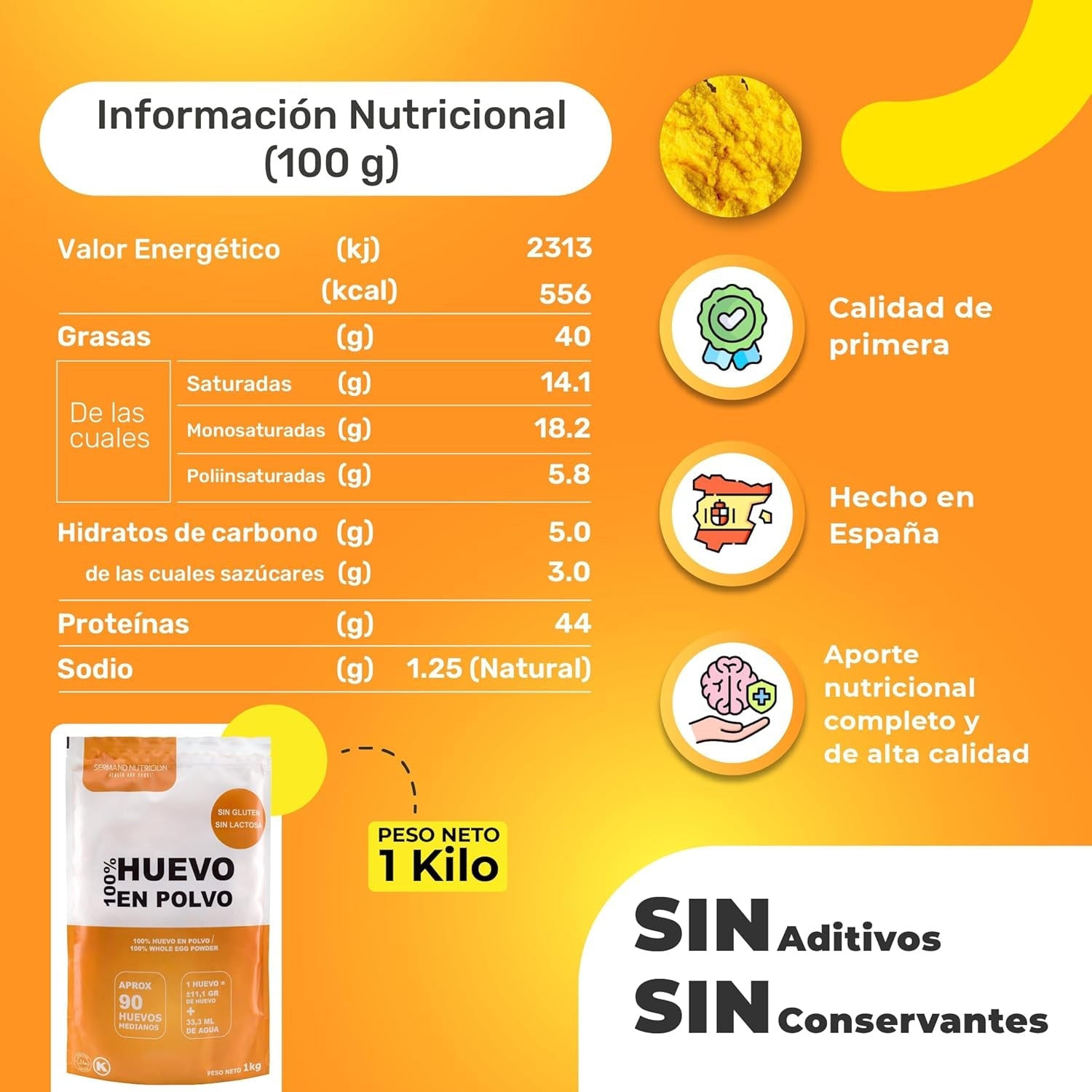 Eipulver aus Freilandeiern (1kg) | Pasteurisiertes Vollei Pulver | Ohne Zusatztoffe | Senza glutine e senza lattosio | Vakuumverpackung im Zip-Beutel