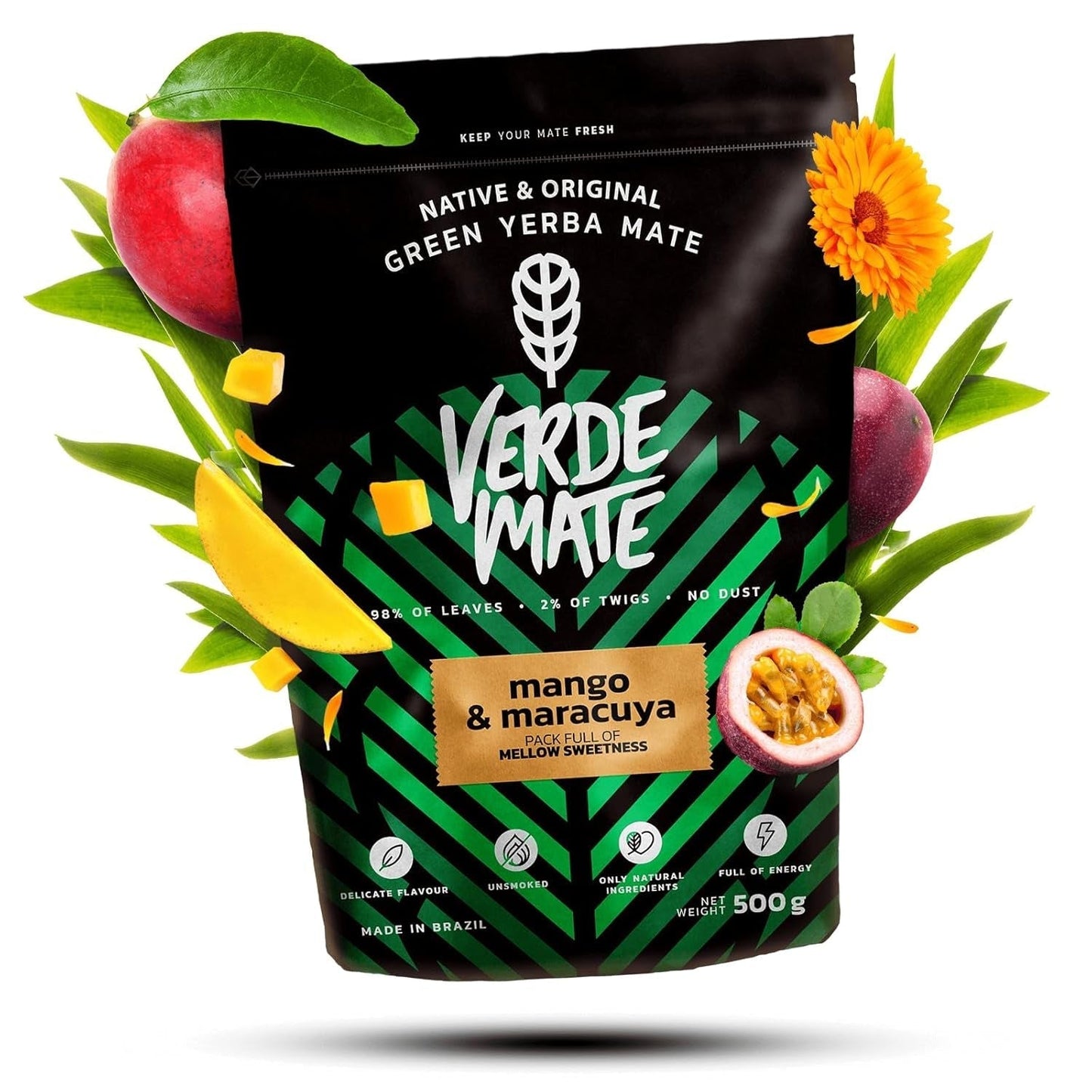 Green Mate Mango Verde e Maracuya 0,5 Kg | Tè alla frutta Mate | Il gusto esotico del tè Mate Il potere del raffreddamento | Stimolazione naturale | Tè Mate dal Brasile | 500 g