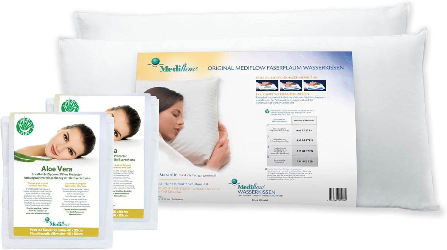Mediflow 5222 Cuscino di supporto ortopedico, 2 cuscini ad acqua con rivestimento in aloe vera, 40X80 cm, bianco Naty Shop Cuscini standard Titolo predefinito