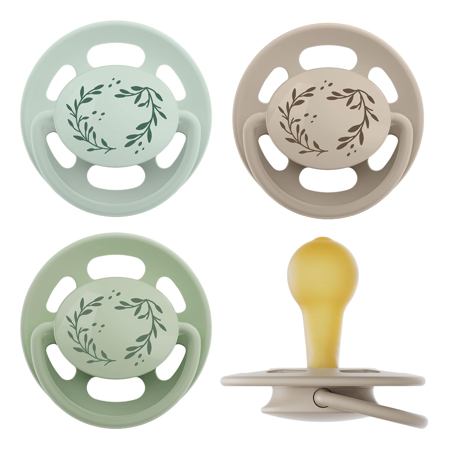 nip - Verde Ciliegia | 0-6 mesi | Confezione da 4 | Suzeta per bebeluși, potenza per alaptare e per loro. Tessuto sostenibile, realizzato in materiale naturale, verde scuro/marrone