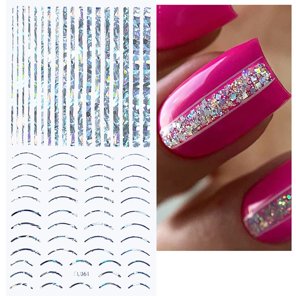 12 fogli Linee glitterate laser Adesivi per unghie autoadesivi Adesivi olografici Strisce di bronzo Adesivi per unghie Linea francese Fiocchi curvi Linee ondulate Adesivi per unghie Accessori per nail art