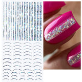 12 fogli Linee glitterate laser Adesivi per unghie autoadesivi Adesivi olografici Strisce di bronzo Adesivi per unghie Linea francese Fiocchi curvi Linee ondulate Adesivi per unghie Accessori per nail art