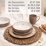 Moritz & Moritz MARIELLA Set di stoviglie in gres da 24 pezzi per 6 persone - Stoviglie moderne beige dal design giocoso, servizio da caffè di facile manutenzione con piatti, ciotole e tazze - Set combinato